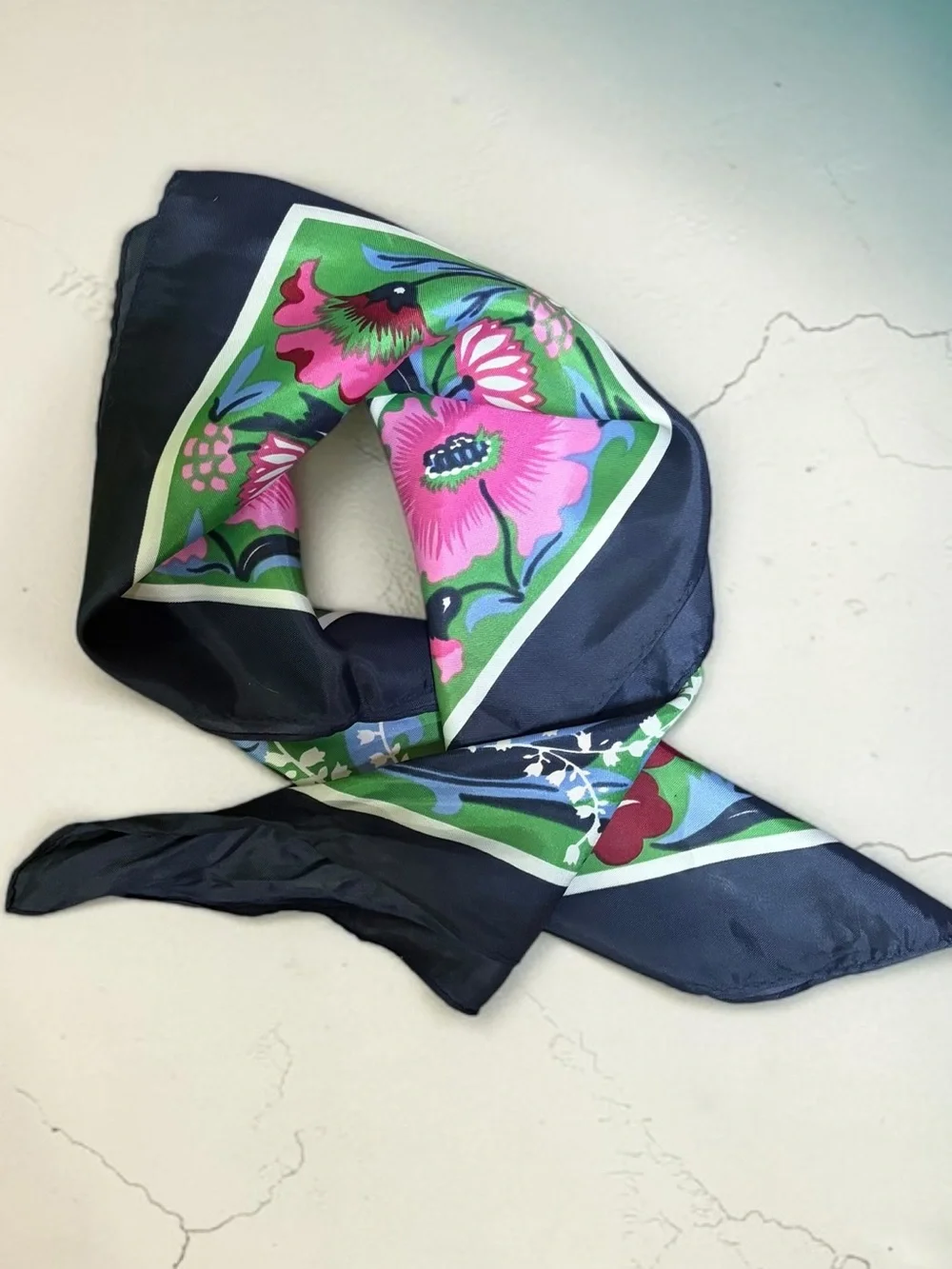 Floral Square Silk Scarf in Pink, Green & Navy